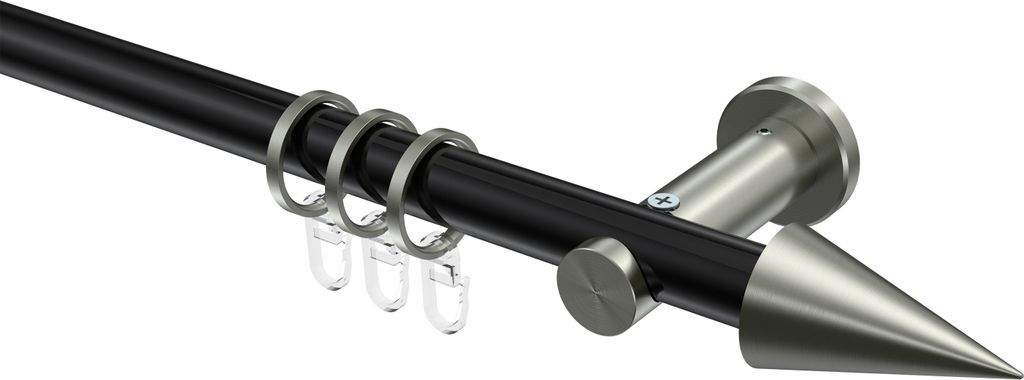 Interdeco Gardinenstange / Vorhangstange Schwarz / Edelstahl-Optik, Typ Platon Savio (Kegel), 20 mm Ø 1-läufig, 240 cm