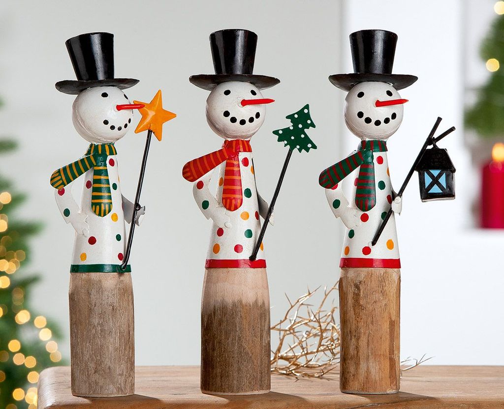 GILDE Figur, Schneemann, "Egon", gepunktet, Holz, naturfarben, weiß, , 3 Stück wie abgebildet, H. 30 cm, D. 9 cm 21395 /Abverkauf nur solange Vor...
