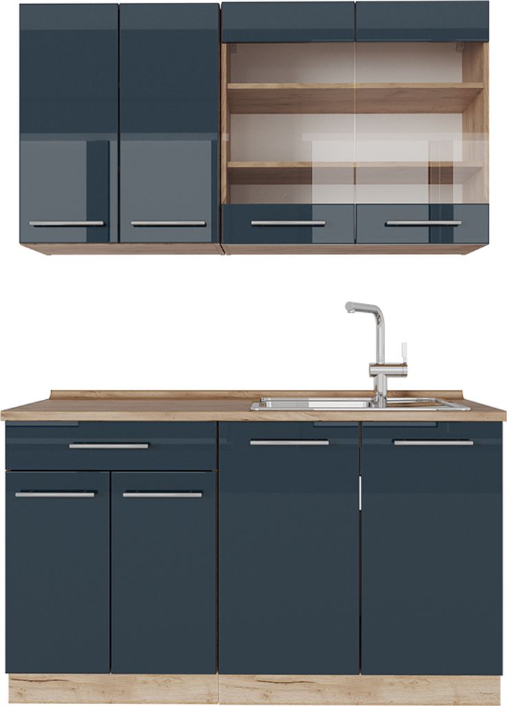 Singleküche Vicco Fame-Line Dunkelblau Hochglanz/Goldkraft Eiche 140 cm , AP Eiche, Model 49763