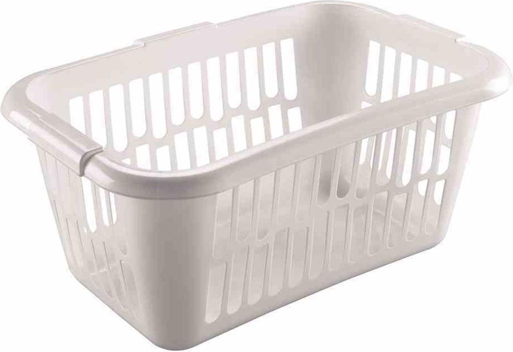 A white laundry basket shown from a diagonal angle.