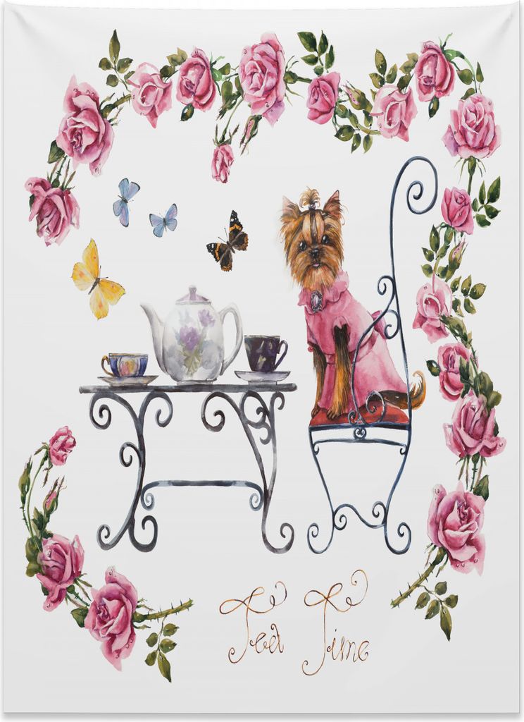 Abakuhaus Yorkie Wandteppich, Terrier im rosa Kleid aus Weiches Mikrofaser Stoff Kein Verblassen Klare Farben Waschbar, 110 x 150 cm, Hellrosa Weiß