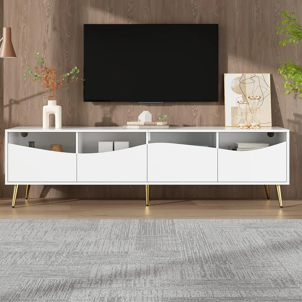 Meuble TV Design Blanc Pieds Dorés et Rétroéclairage LED Lumineux