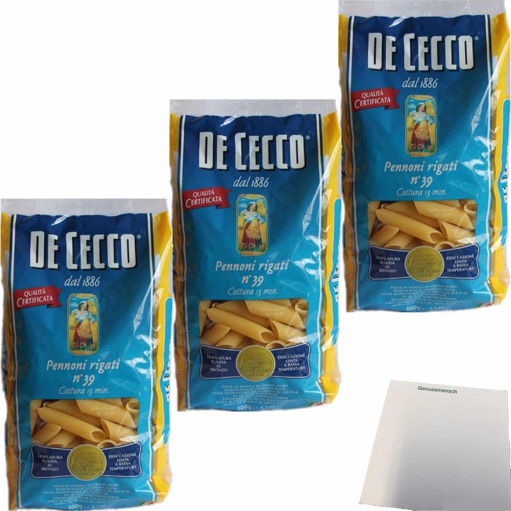 3x De Cecco Nudeln 'Pennoni rigati' n.39, 500 g