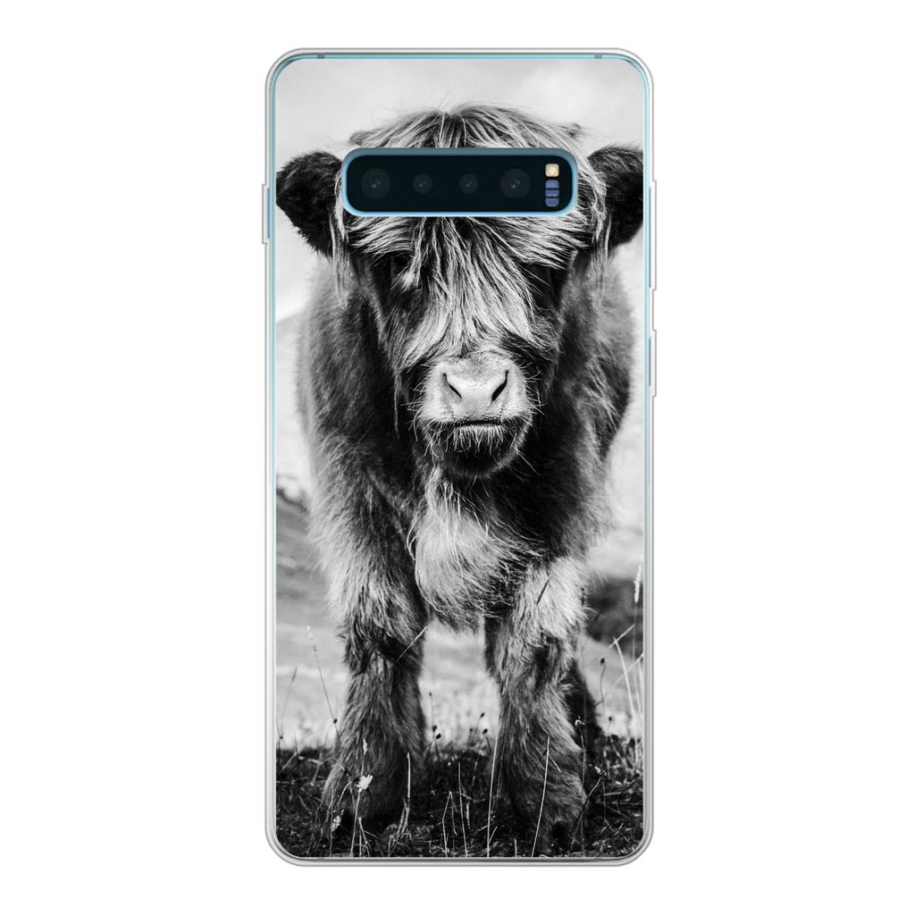 MuchoWow Handyhülle Schutzhülle Hülle für Samsung Galaxy S10 Lite Schottischer Highlander - Berg - Schwarz - Weiß Silikon Softcase Handy Hü...