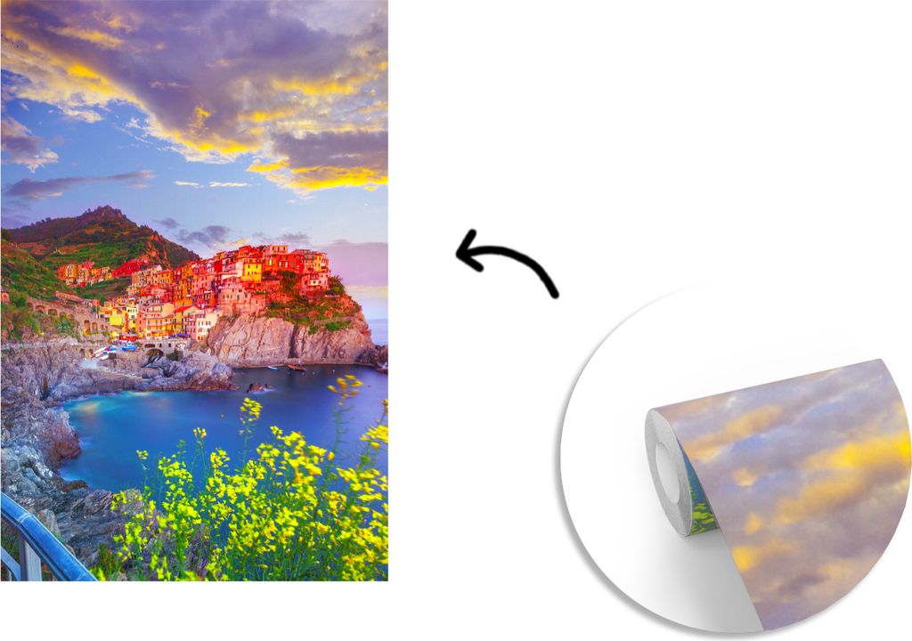 MuchoWow Fototapete für Wohnzimmer oder Schlafzimmer Wandtapete Vinyl Motivtapete Orangefarbene Häuser in der untergehenden Sonne in Cinque Ter...
