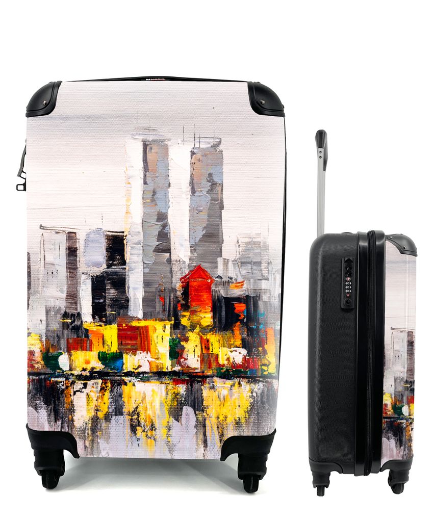 MuchoWow Koffer Handgepäck Trolley Rollkoffer Kleine Reisekoffer mit 4 Rollen - Gemälde - Skyline - Farben - Ölfarbe - Cabin Size < 55x40x23 c...