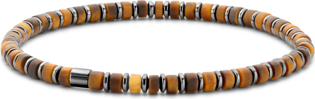 Frank 1967 7FB-0596 Krallenarmband - Heren - Perlen - 4 x 2 mm - Tijgeroog - Staal - Rekbaar - 19 cm - Bruin