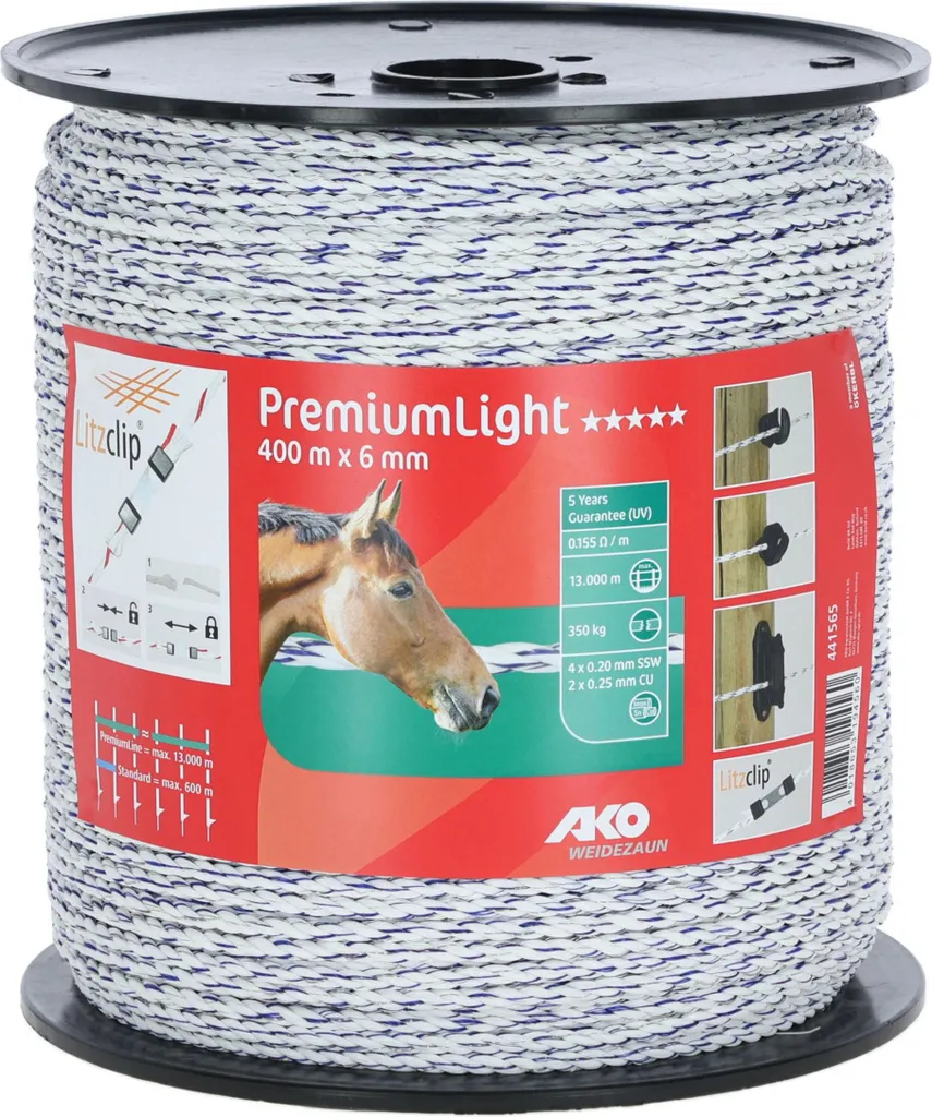 Corde de clôture électrique 400m Kerbl blanc et bleu haute conductivité