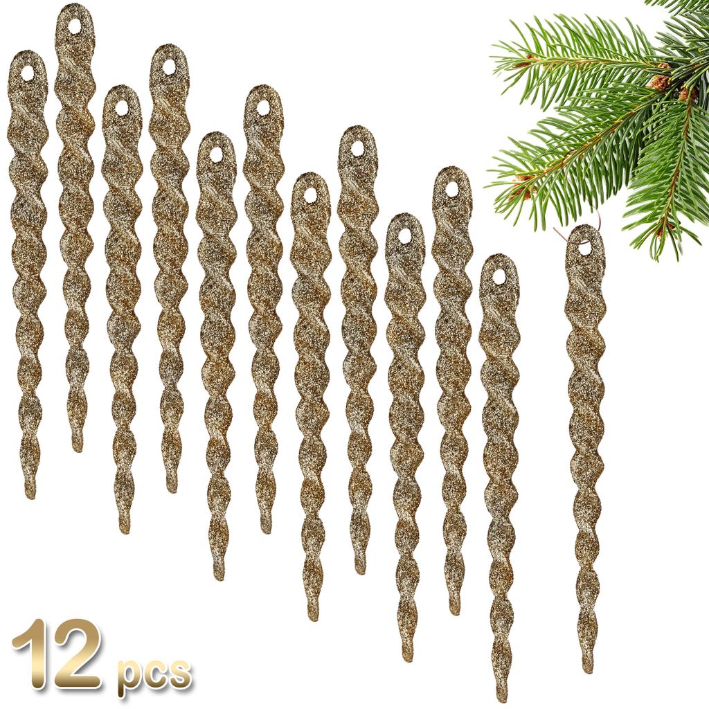 BRUBAKER Baumschmuck Eiszapfen Glitzer - Weihnachtsbaumschmuck - 13 cm Christbaumschmuck bruchsicher - Weihnachtsbaum Deko, 12 Stück, Gold