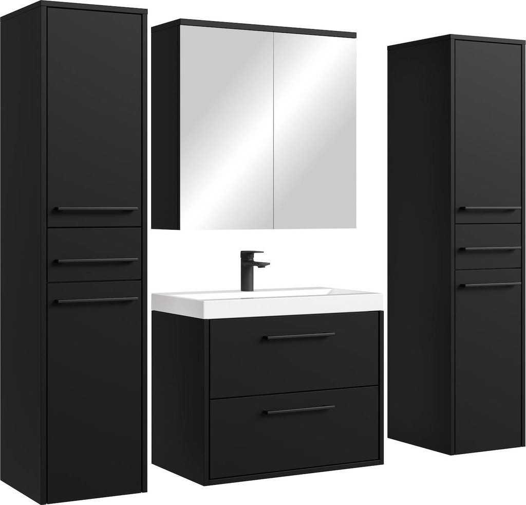 Badplaats Badmöbel Komplettset Florence XL 60 x 35 cm Schwarz Mat - Badezimmermöbel mit Waschbecken, Spiegelschrank und 2 Hochschränke