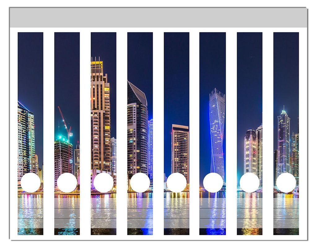 Wallario Ordnerrücken Sticker, selbstklebend für schmale Ordner, 8 Stück, Motiv Skyline am nächtlichen Hafen