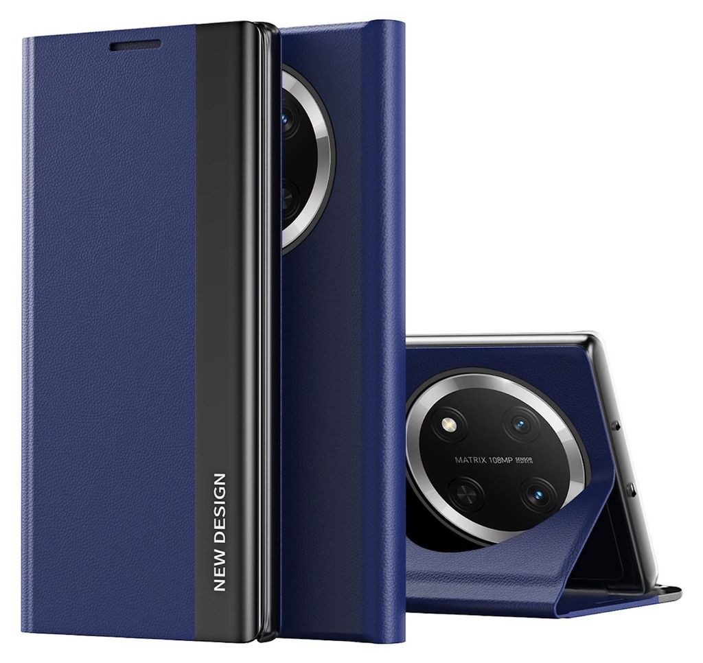 A dark blue phone case with a transparent window is shown from multiple angles.