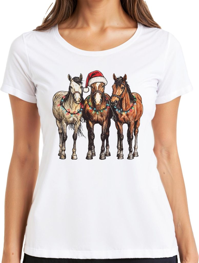 Weihnachtspferde Lichterkette Santa Hut Pferdeliebhaber Western Damen T-Shirt, Weiß, S