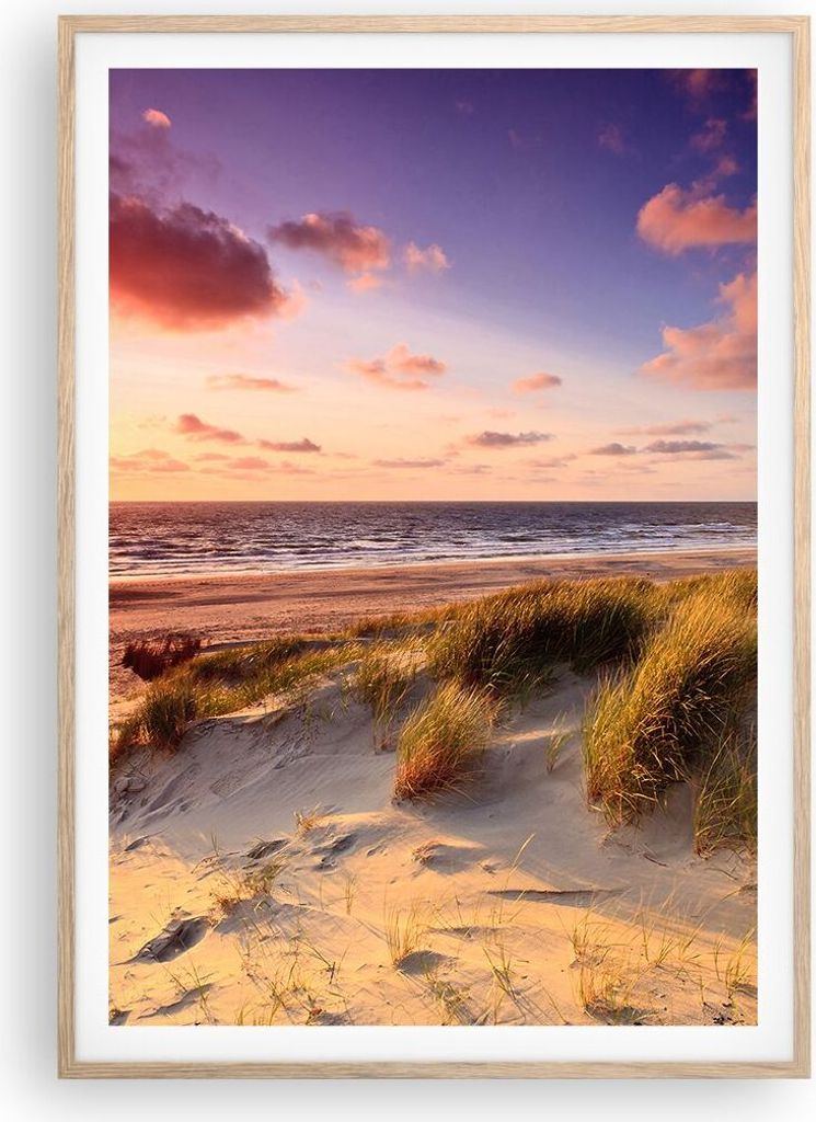 Gerahmtes Poster - Rahmen in heller Eiche - Meer Strand Düne - 70x100 cm - Wand Bild - Wanddeko - Wandbilder - Wandposter - Bilderrahmen - Bilder ...