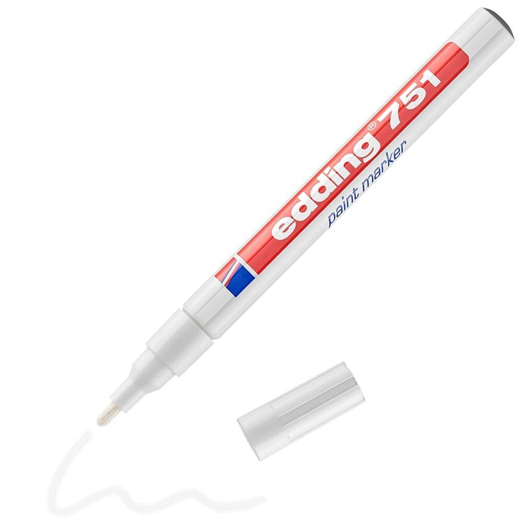 A white Edding 751 paint marker with its cap off, showing a white line drawn on a white background.