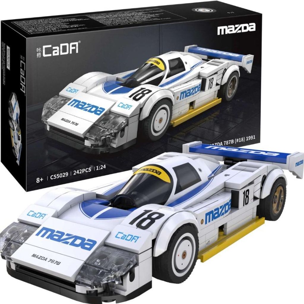A product shot of a toy car model kit and its packaging.