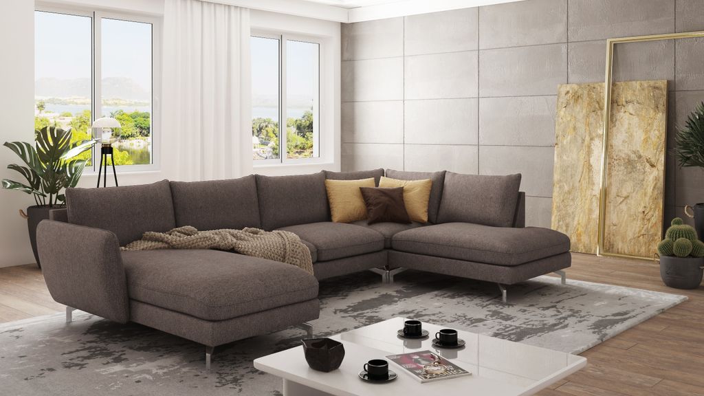 S-STYLE MÖBEL - Frema Wohnlandschaft mit Silber Metall Füßen aus Braun - Khaki Luxusmicrofaser - Ottomane links, B/T/H: 336 cm/ 200 cm/ 87 cm