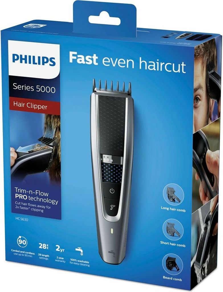 The image shows the retail packaging of a Philips Series 5000 Hair Clipper.