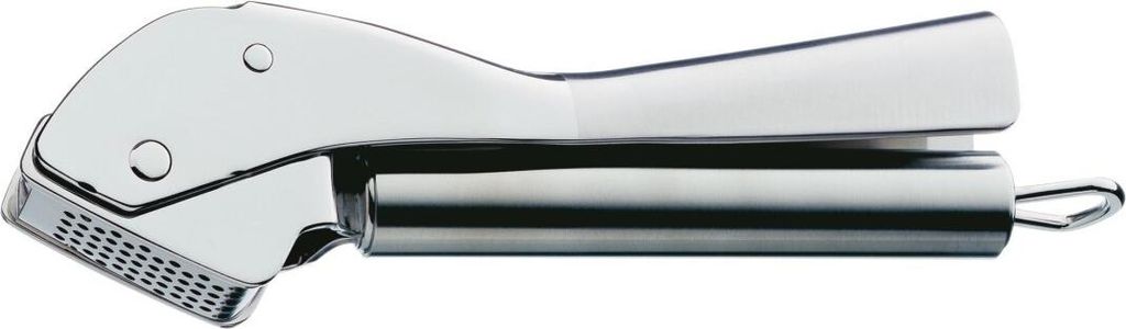 A stainless steel garlic press is shown against a white background.