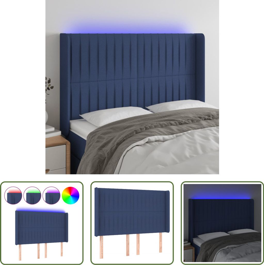 The Living Store LED Kopfteil Blau 147x16x118/128 cm Stoff Produktbild 