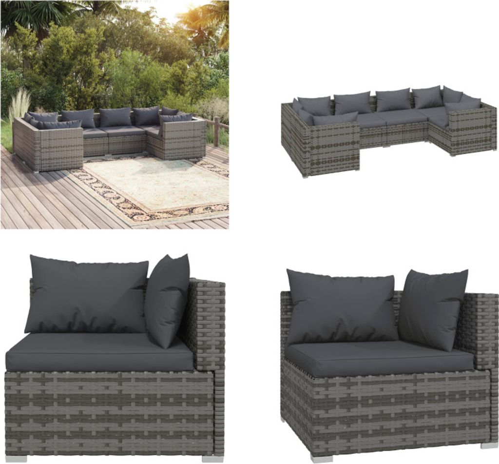 vidaXL 6 tlg. Garten Lounge Set mit Kissen Poly Rattan Grau - Garten-Lounge-Set - Garten-Lounge-Sets - Terrassen-Lounge-Set - Terrassen-Sofa-Set