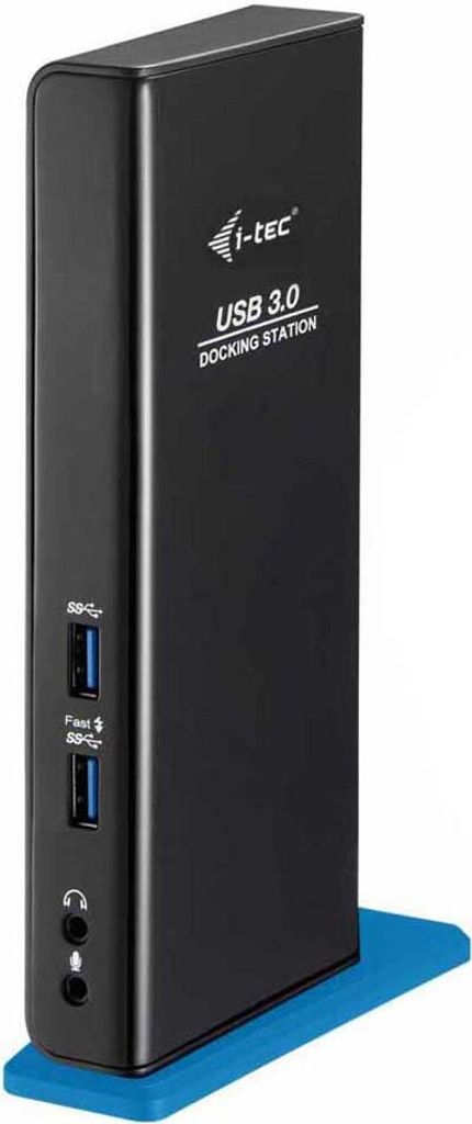 A black docking station with ports and audio jacks is shown on a blue base.
