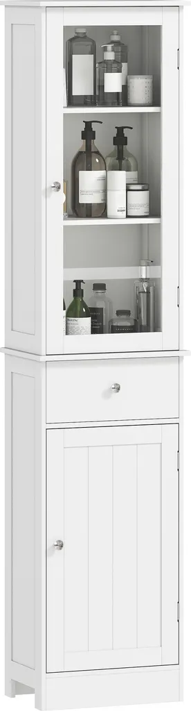 Armoire de Toilette Haute Blanche avec Tiroir et Portes pour Rangement