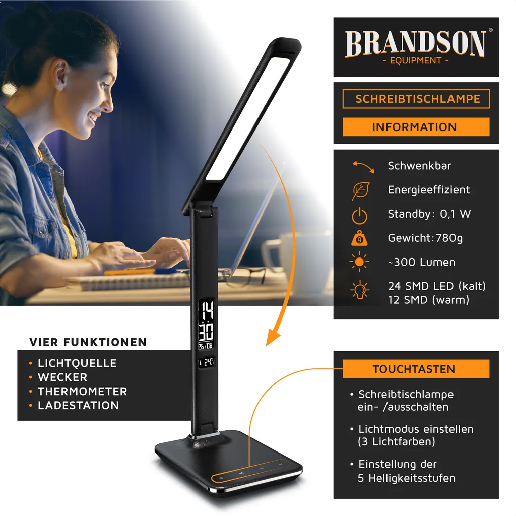Brandson Lampe de Bureau LED Dimmable Aspect Cuir avec Calendrier LCD