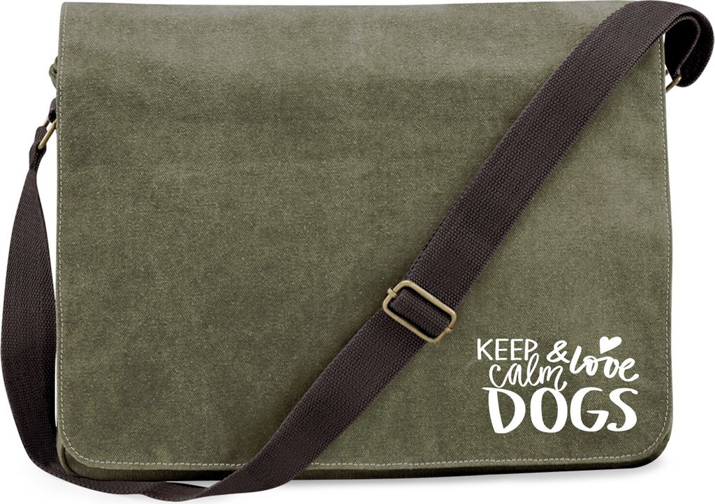 Huuraa Umhängetasche Keep calm and love Dogs 14 Liter Military Green Canvas Laptoptasche Geschenkidee