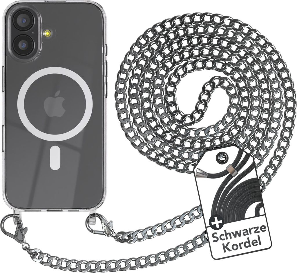 EAZY CASE Handykette kompatibel mit Apple iPhone 17 Kette zum Umhängen aus Metall, Silikonhülle mit Band, stoßfest, mit MagSafe in Silber