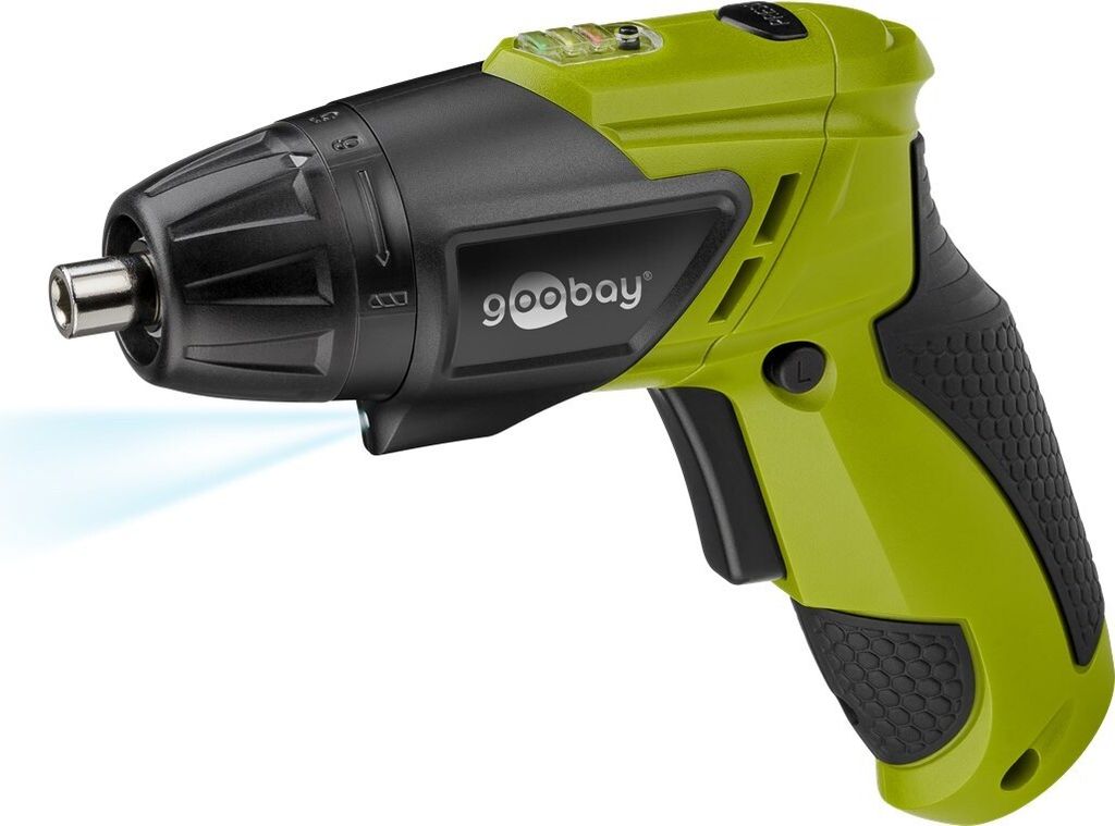 A green and black Goobay cordless screwdriver with an LED light.