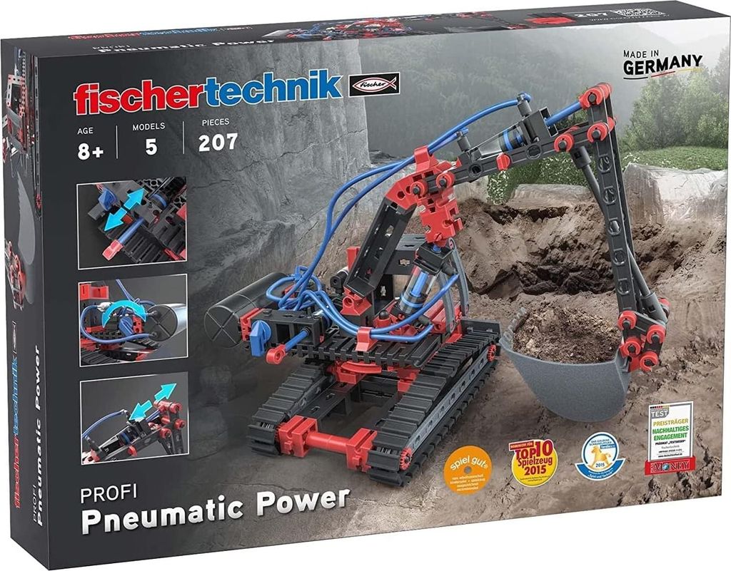 The image shows the packaging of a Fischertechnik Pneumatic Power construction set, featuring a model of an excavator.