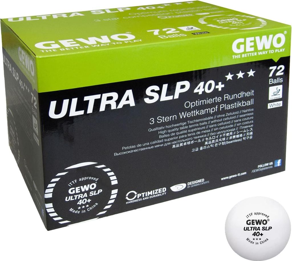 GEWO Tischtennisbälle Ultra SLP 40+, 72er ITTF-zugelassener 3-Sterne Wettkampfball - ohne Naht, weiß