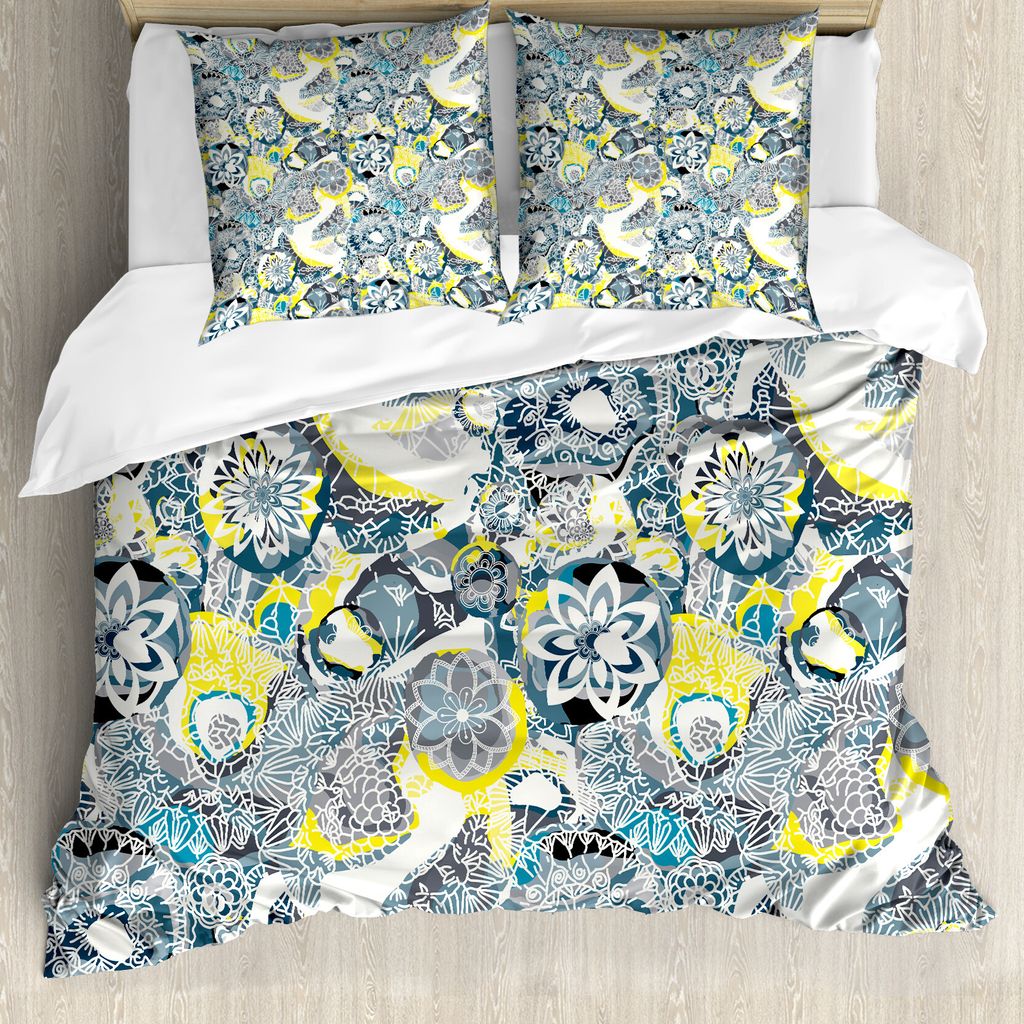 ABAKUHAUS Mandala Bettbezug, Mandala Vintage Style, Milbensicher Allergiker geeignet mit Kissenbezügen, 155 cm x 220 cm - 80 x 80 cm, Gelb/Blau