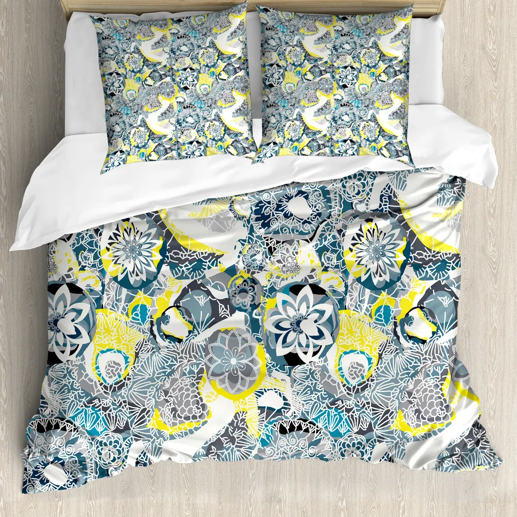 Copripiumino 200x200 Mandala Giallo Blu ABAKUHAUS - Lavabile e No Stiro