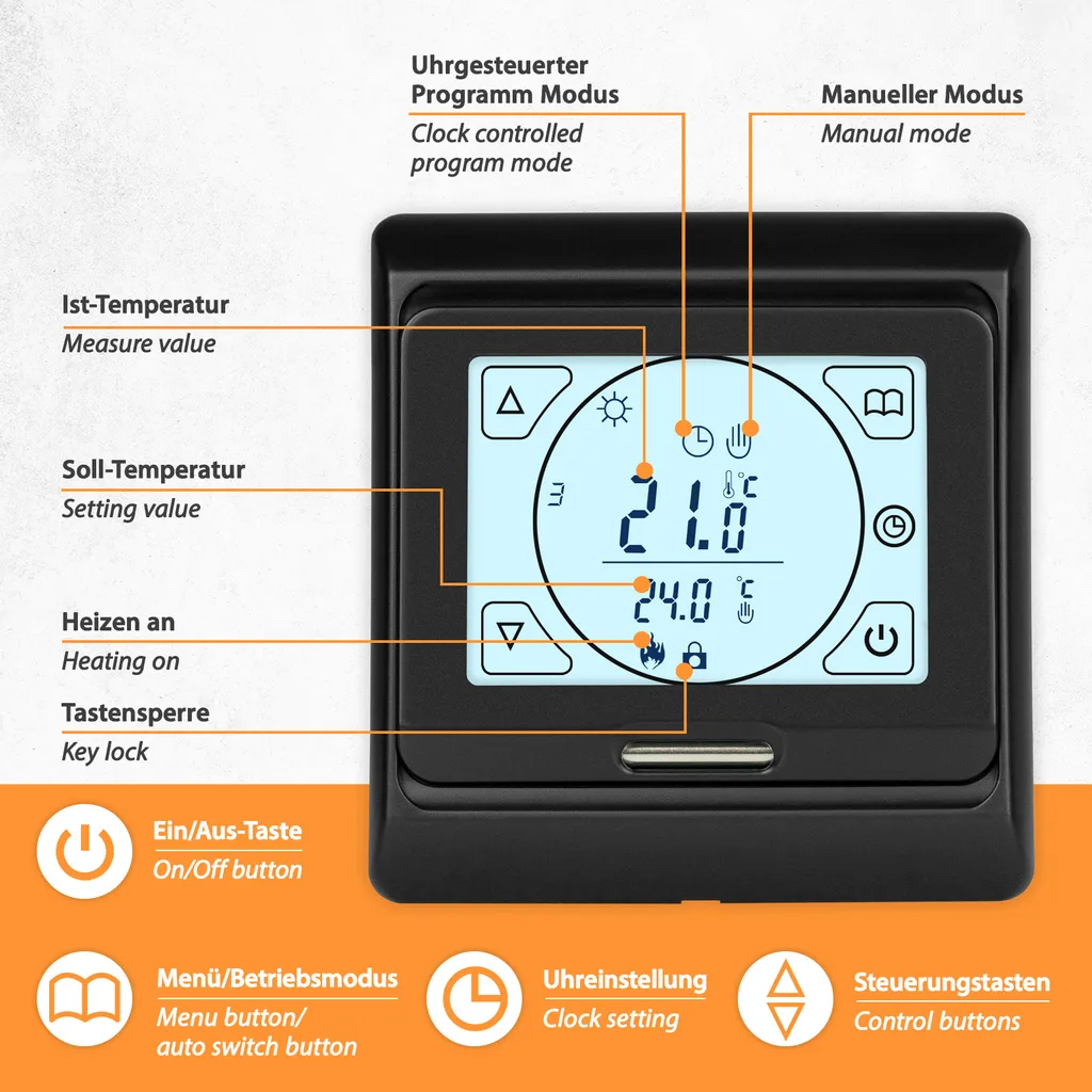 Thermostat programmable noir E91 avec écran LCD et capteur de précision - 5