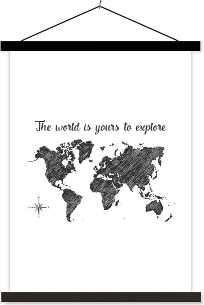 MuchoWow Textilposter Weltkarte - Zitate - Schwarz 90x120 cm mit schwarzem Rahmen - Dekoration