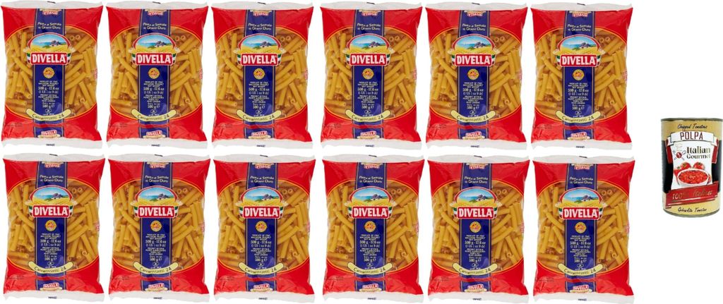 Divella Pasta 100% Italienisch Cannerozzetti 24, Nudeln aus Hartweizengrieß, Kochen 10 Minuten 12x 500g + Italian Gourmet polpa 400g