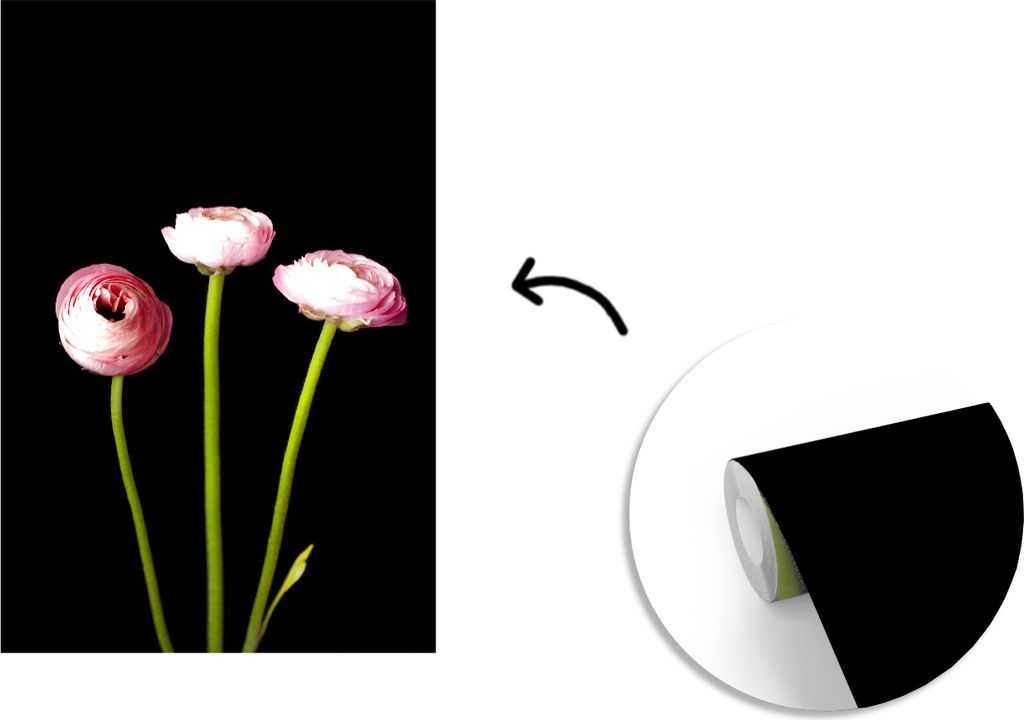 MuchoWow Fototapete für Wohnzimmer oder Schlafzimmer Wandtapete Vinyl Motivtapete Drei Butterblumen auf schwarzem Hintergrund - 175x260 cm - Vin...