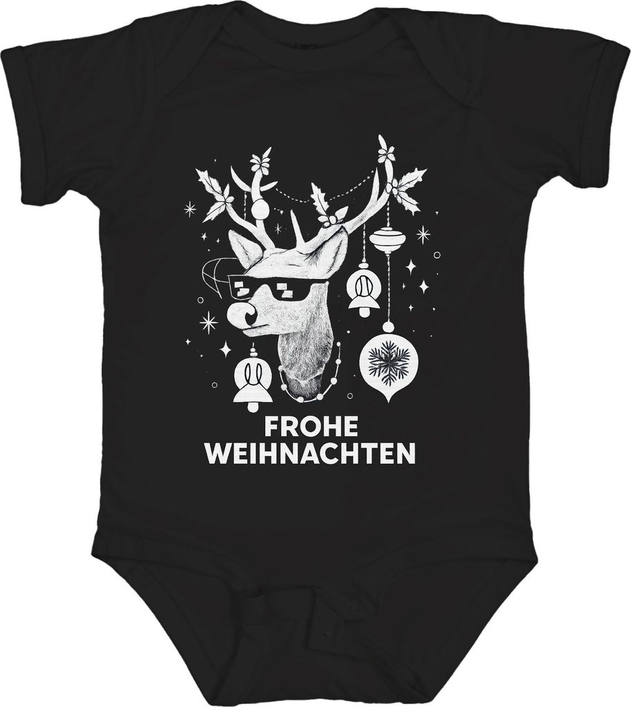 FROHE WEIHNACHTEN Rentier Sonnenbrille Hirsch Weihnachtskugeln Unisex Baby Body, Schwarz, 0/3