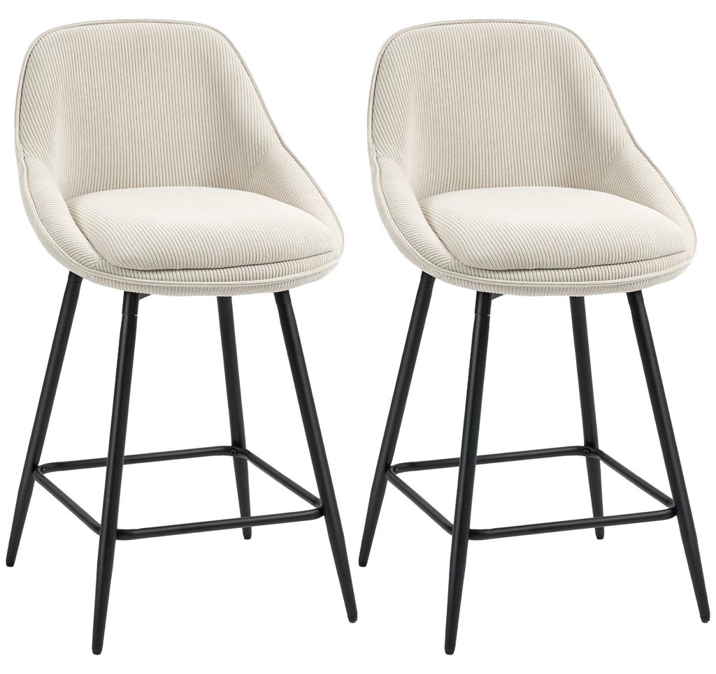 2er-Set Barstühle mit Cordbezug und Stahlbeinen, Polsterstühle für Kücheninsel, Esszimmer, Creme