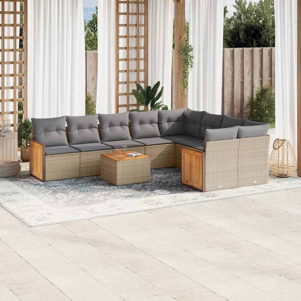 Design 10-tlg. Garten-Sofagarnitur mit Kissen Beige Poly Rattan, Gartenmöbel-Sets 2024 Neu