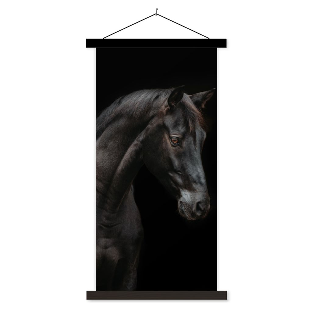 MuchoWow Textilposter Pferd - Tier - Schwarz 60x120 cm mit schwarzem Rahmen - Magnete