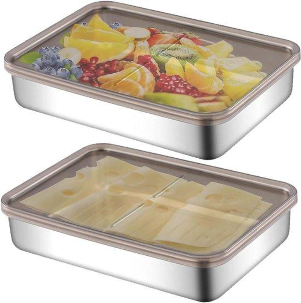 Zwei Stahl-Frischhaltebehälter mit Deckel für Delikatessen und Fleisch - BPA-frei - Rechteckig - Kühlschrank-Sparbehälter
