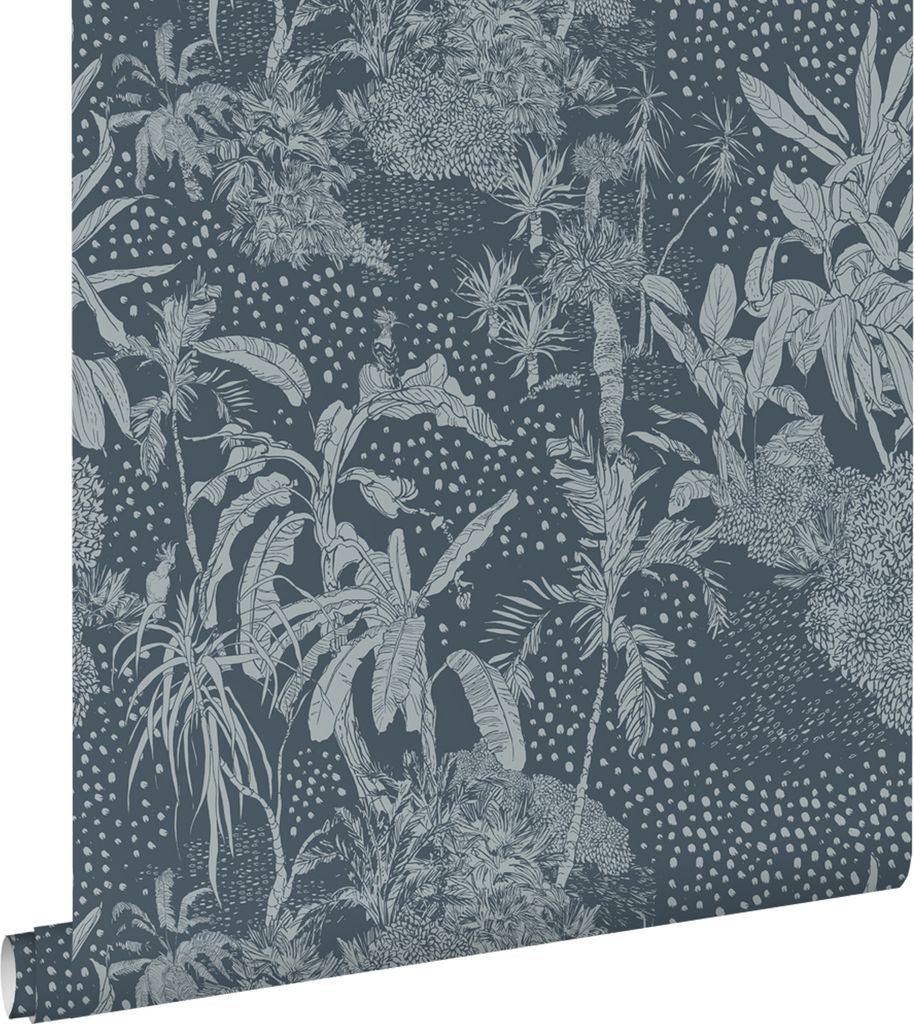 ESTAhome Tapete tropische Blätter Graublau 50 x 900 cm