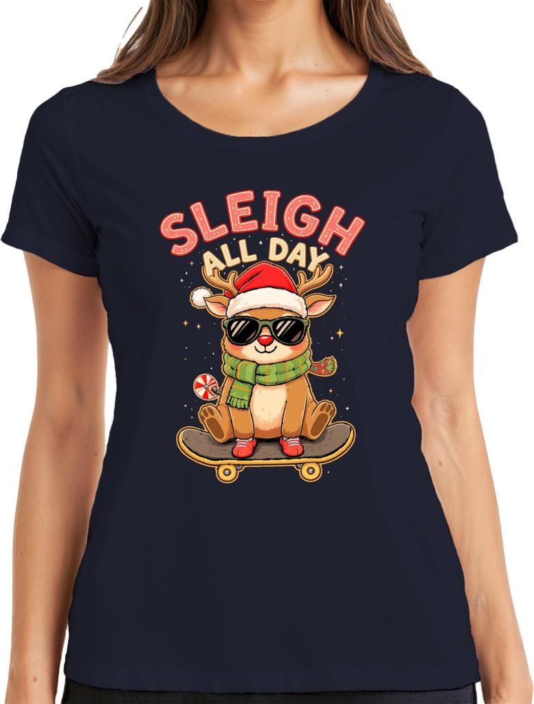 Sleigh All Day Rentier mit Sonnenbrille Skateboard Weihnachten Damen T-Shirt, Navy, XL