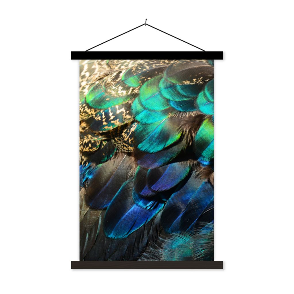 MuchoWow Textilposter Federn - Pfauenfedern - Pfau - Blau - Kunst 60x90 cm mit schwarzem Rahmen - Poster Wohnzimmer