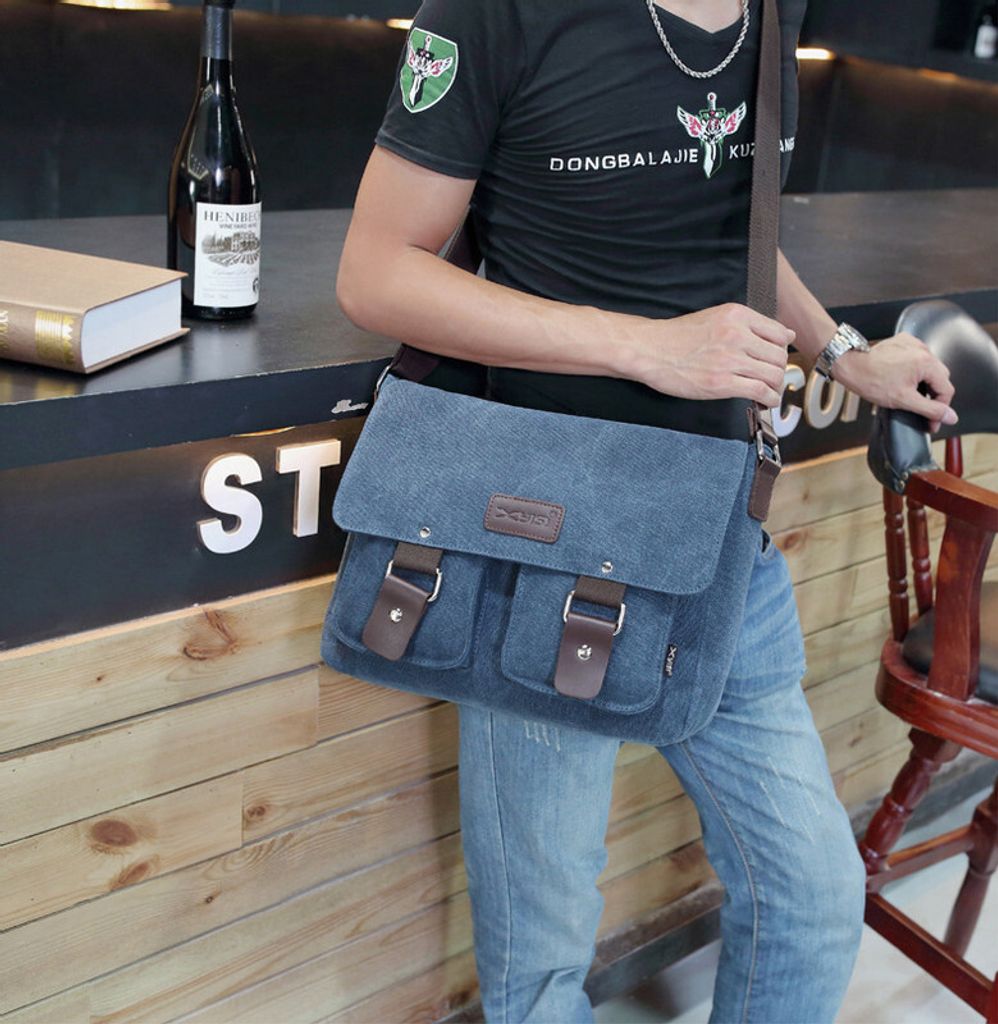 Herren Segeltuch Umhängetasche Postmann-Tasche Marine blau