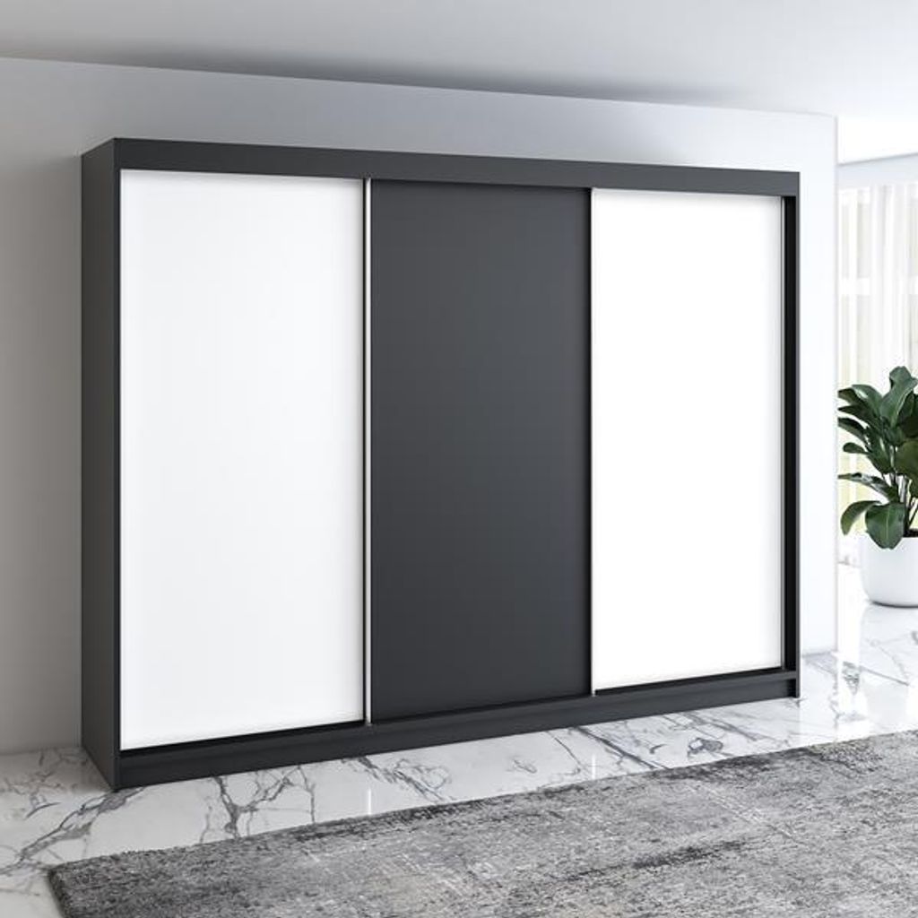 Schwebetürenschrank, 3-türig Schrank mit 4 Schubladen! Moderne Garderobe für Kleidung. Verschiedene Farben (Weiß, Schwarz, Somona) Kleiderschra...