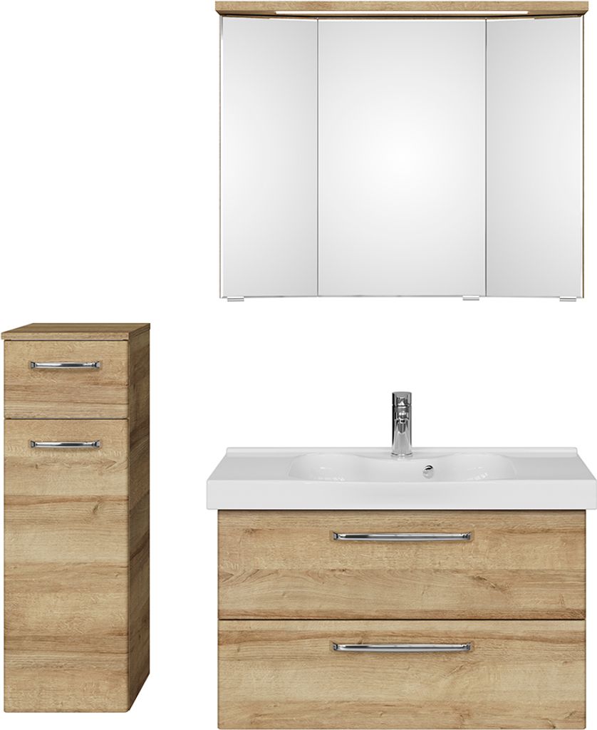 Badmöbel Set mit Keramikbecken und LED Beleuchtung TRENTO-66 in Riviera Eiche Nb., B/H/T: ca. 137/200/48 cm